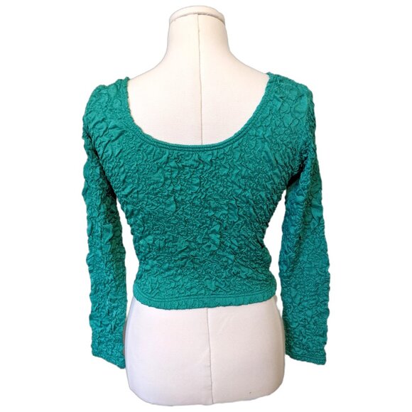 Vintage Y2K Green Teal Bubble Top Long Sleeve Crinkle Stretchy Scoop Neck Sz M - Picture 6 of 7